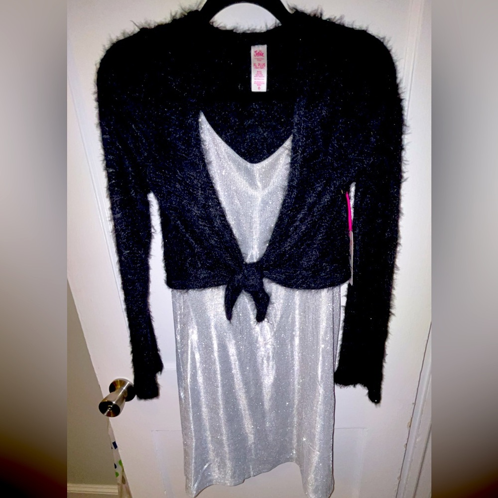 Black Fuzzy Cardigan with Silver Dress